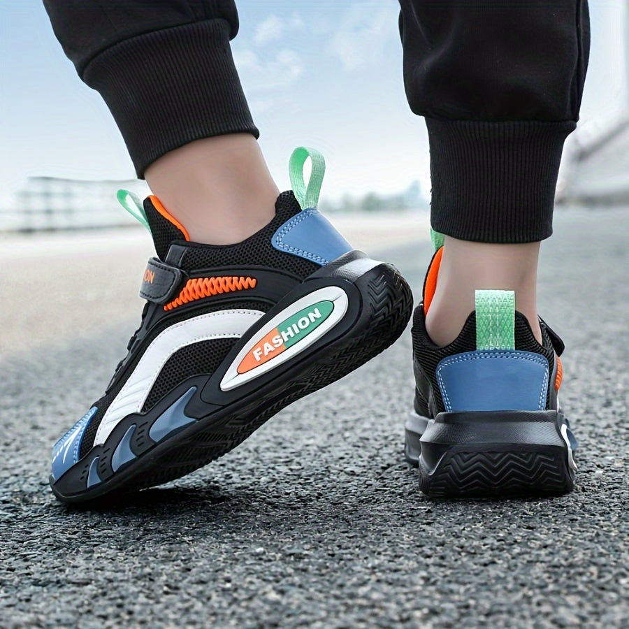 Breathable mesh sneakers for boys with hook-and-loop closure, suitable for all seasons.