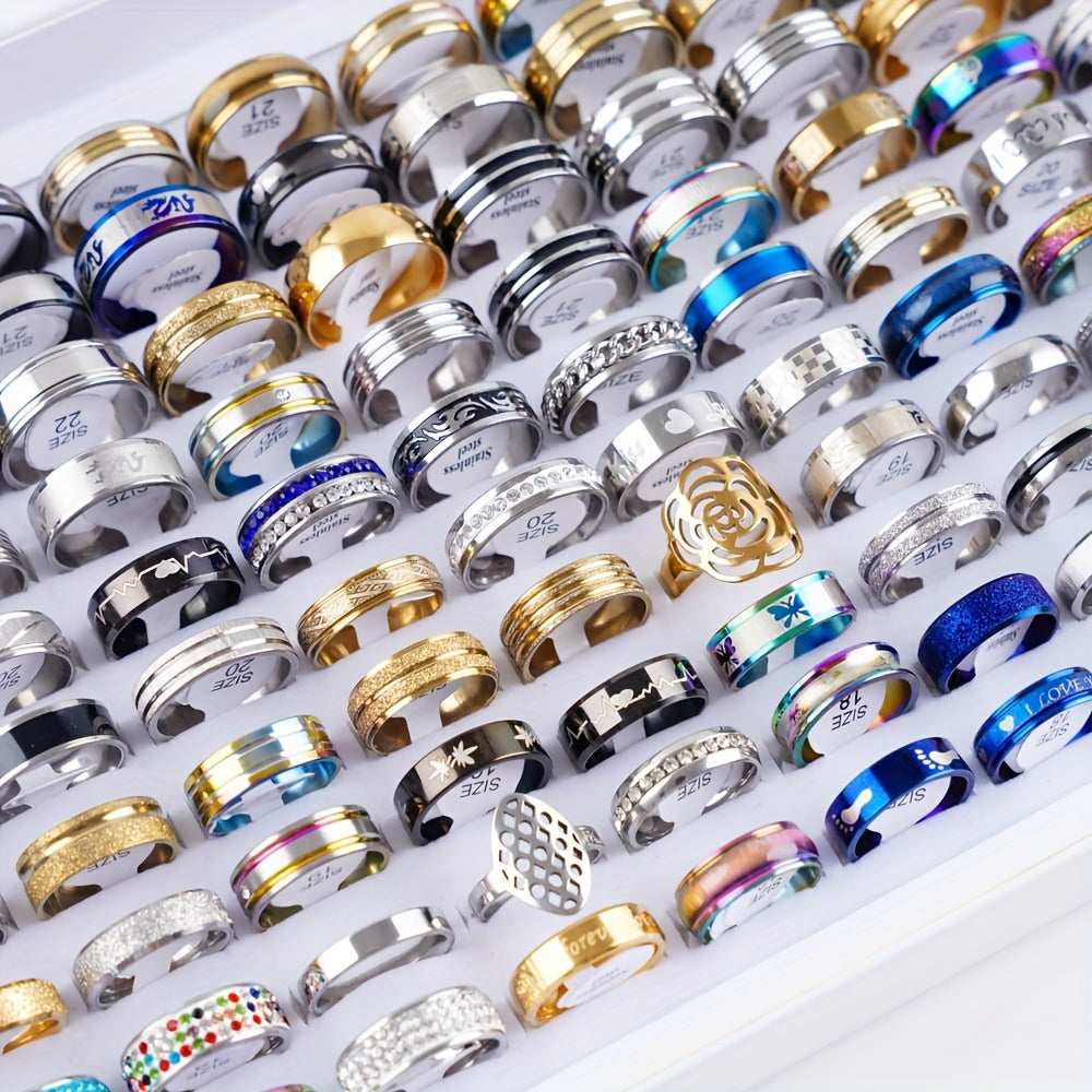 A lot of 100 Classic Simple Stainless Steel Rings for Women in Assorted Styles, Perfect for Jewelry Parties and Gifting