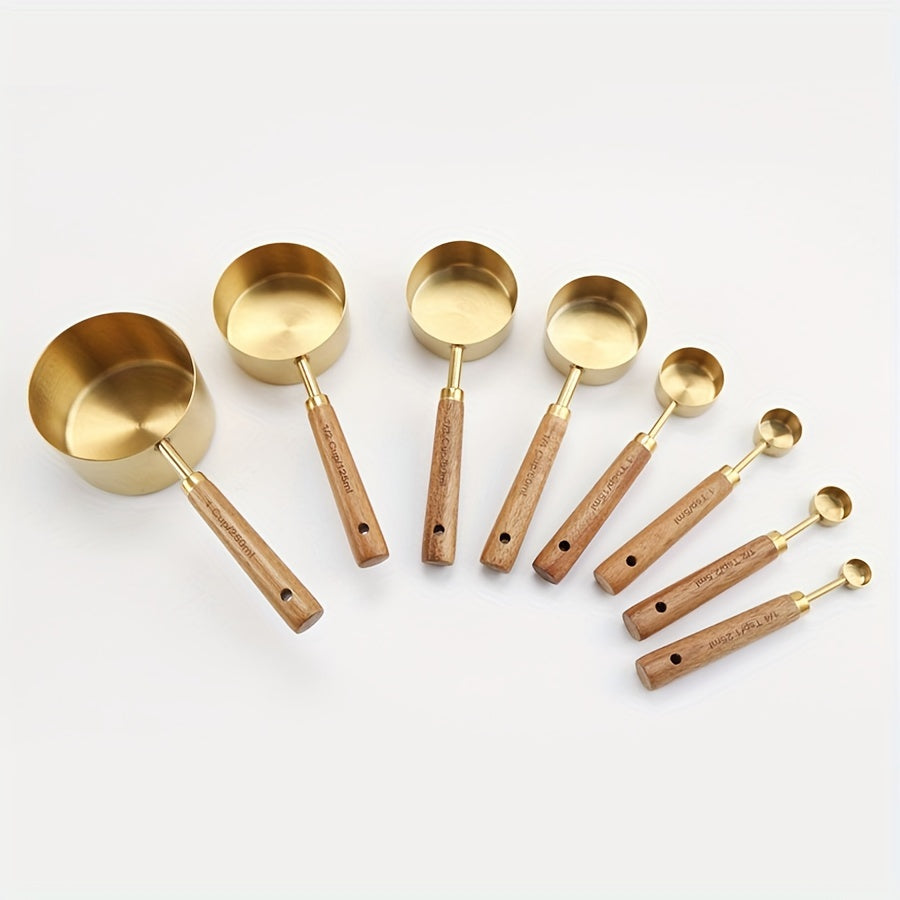 Set of 4 measuring cups and 4 measuring spoons with wooden handles, made of stainless steel. Includes graduated measurements for precise baking and cooking. A must-have tool for any kitchen, perfect for apartments and essential for cooking and baking