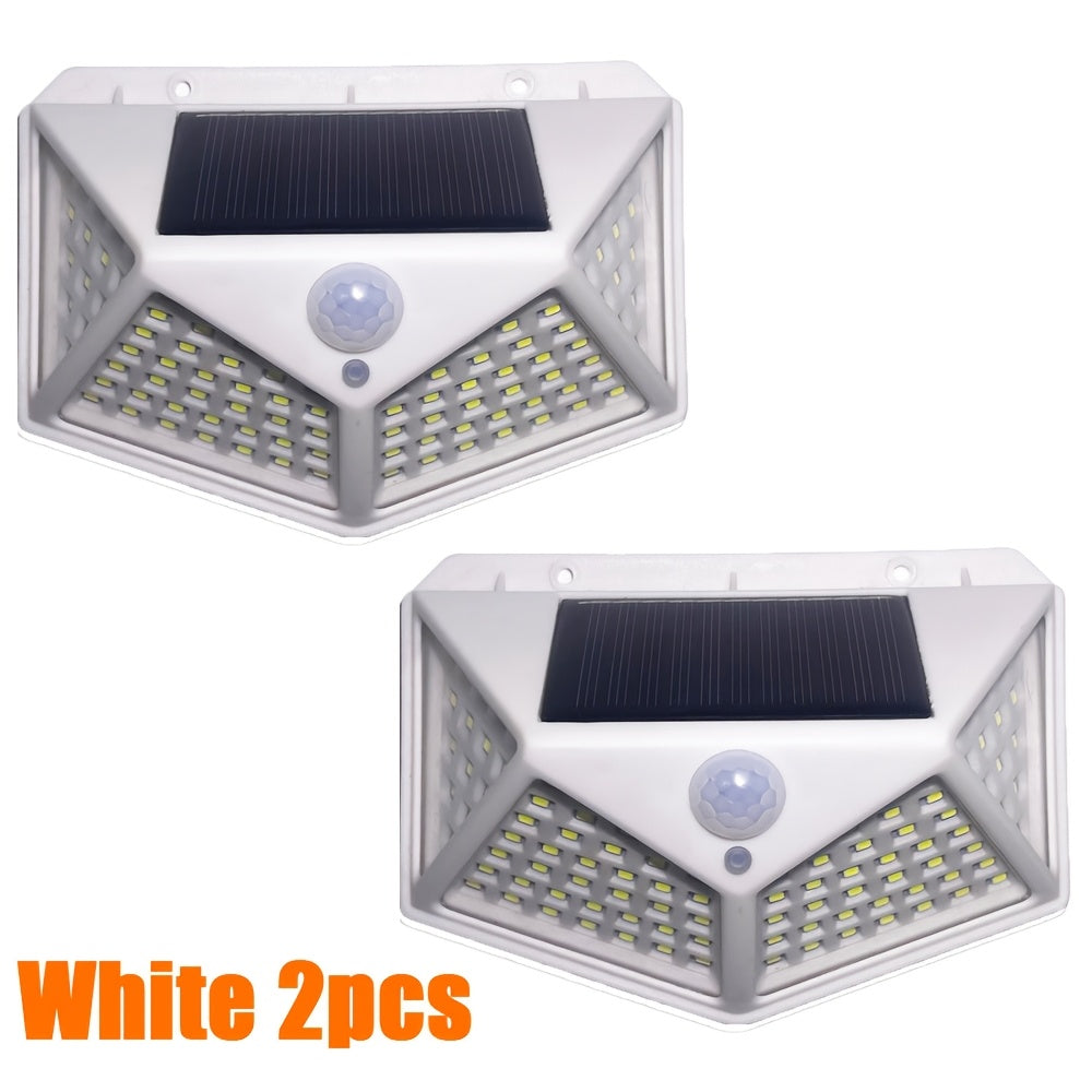 Outdoor security light with 100 LED beads, powered by solar energy and equipped with motion sensor, suitable for garden decoration, garage, and street lighting.