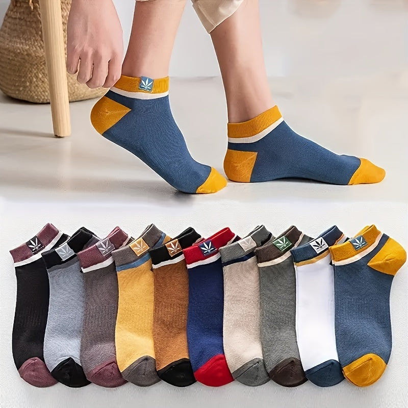 10 pairs of men's trendy color block liner socks, anti-odor, comfy, breathable, soft & elastic for spring & summer