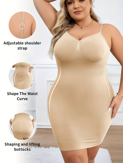 Plus size slip shapewear dress with built-in bra, adjustable straps, and seamless tummy control.