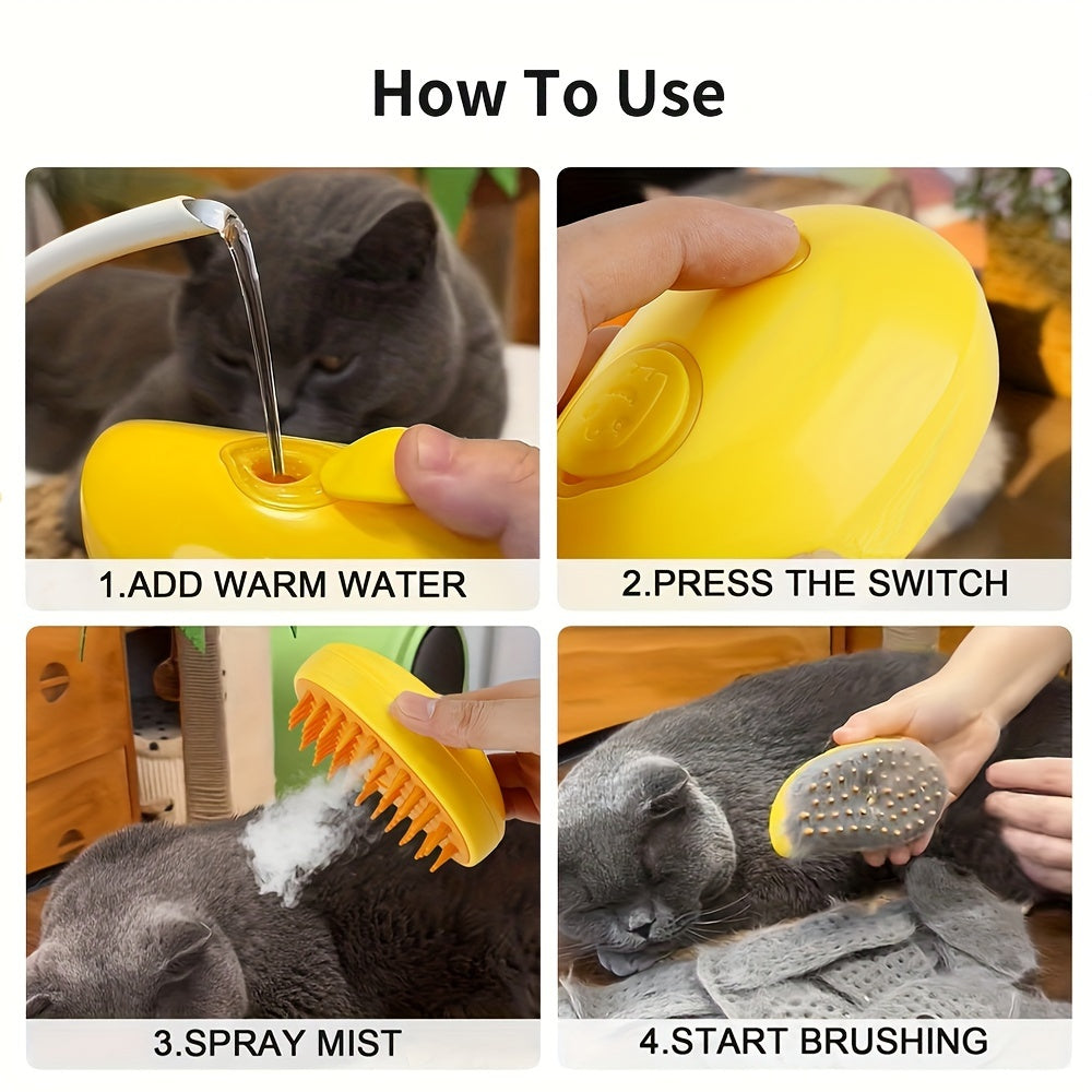 Self-cleaning Cat Steam Brush that removes tangled and loose hair, massages pets, and removes pet hair for both cats and dogs.