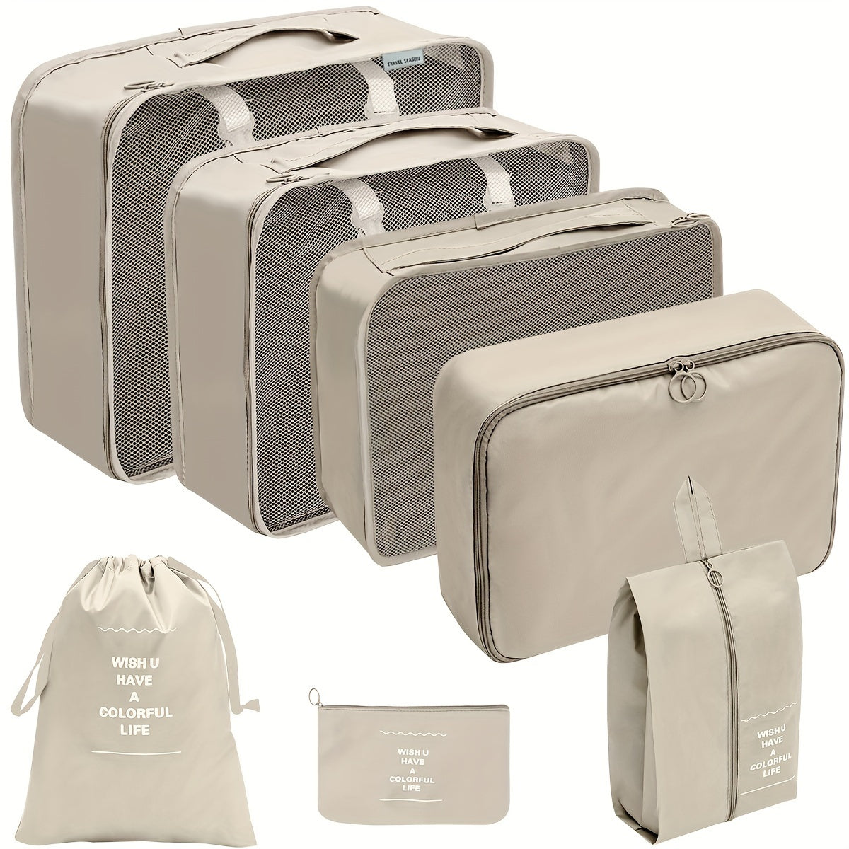 7 lightweight packing cubes for suitcases, ideal for organizing travel items and clothing for men and women.