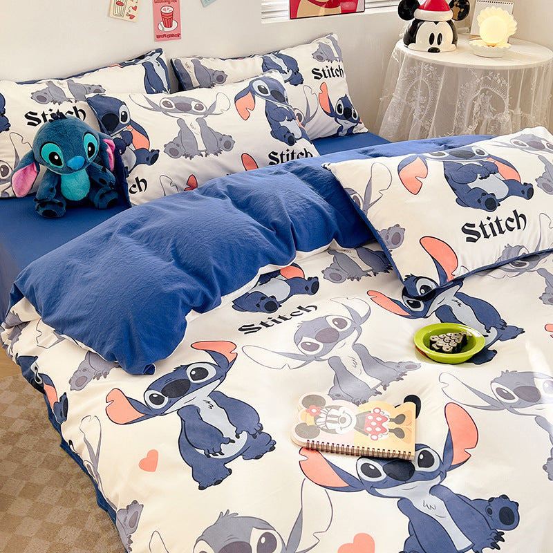 4-piece Stitch bedding set including duvet cover, flat sheet, and 2 pillowcases with cute character designs for bedroom decor.