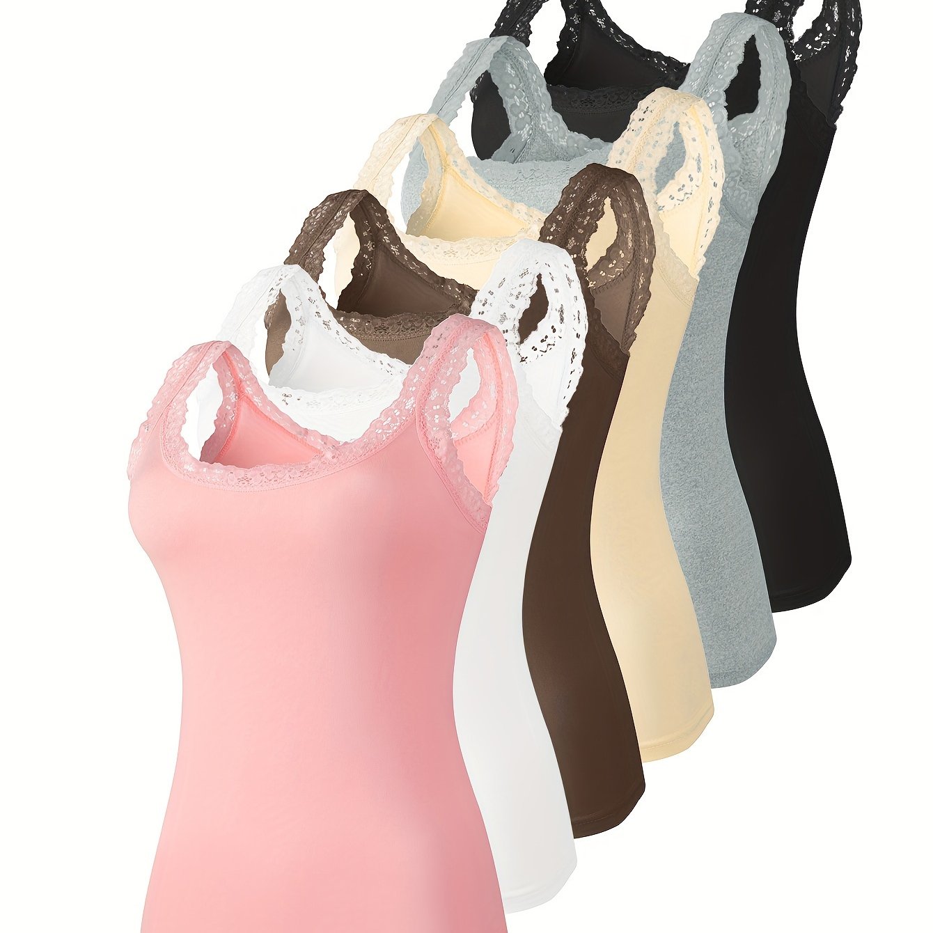 6-Pack of Lace Trim Camisole Tank Tops for Spring/Summer, Versatile Colors