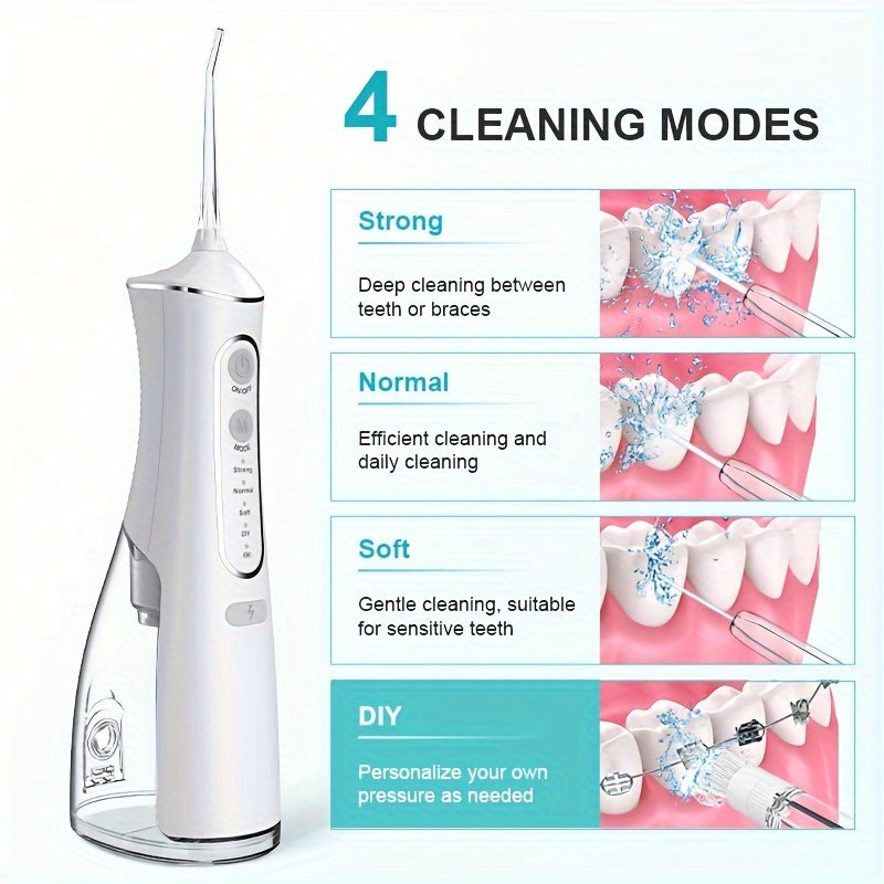 Cordless water flosser with 4 cleaning modes, USB rechargeable, 1500mAh battery, travel-friendly.