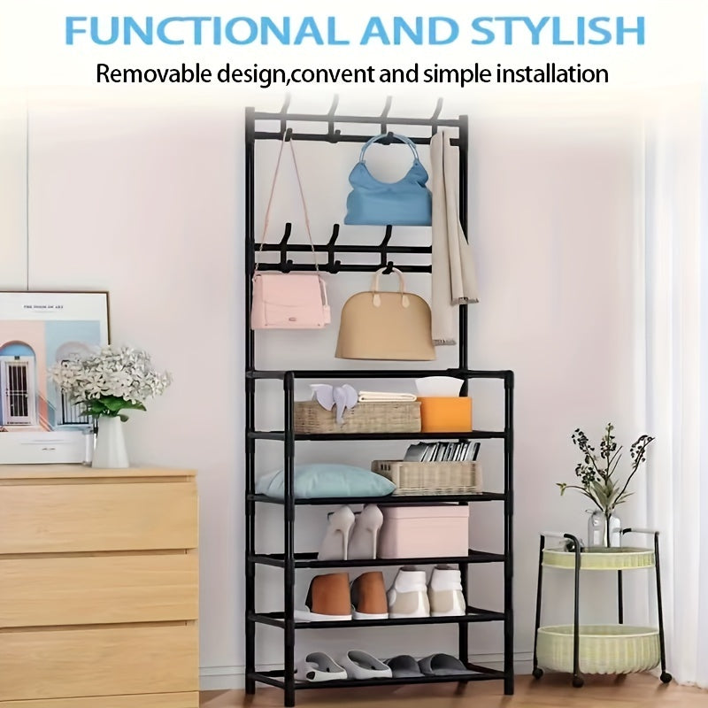 Create a Stylish and Organized Entrance with the [Modern Charm] Black Metal Entryway Organizer - 152.4cmxMJ Coat Rack Featuring Hooks & Shoe Shelves. Made from Durable Zinc Alloy with a Bubble-Free Finish, Perfect for Storing Clothes, Hats, Bags, and