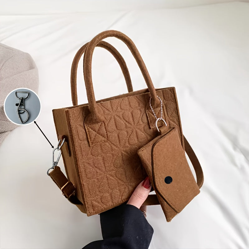 Baigou Casual Felt Handbag with Embossed Pattern, Solid Color, Adjustable Strap, Unlined, Non-Woven Fabric, Shoulder Bag in Multiple Colors.