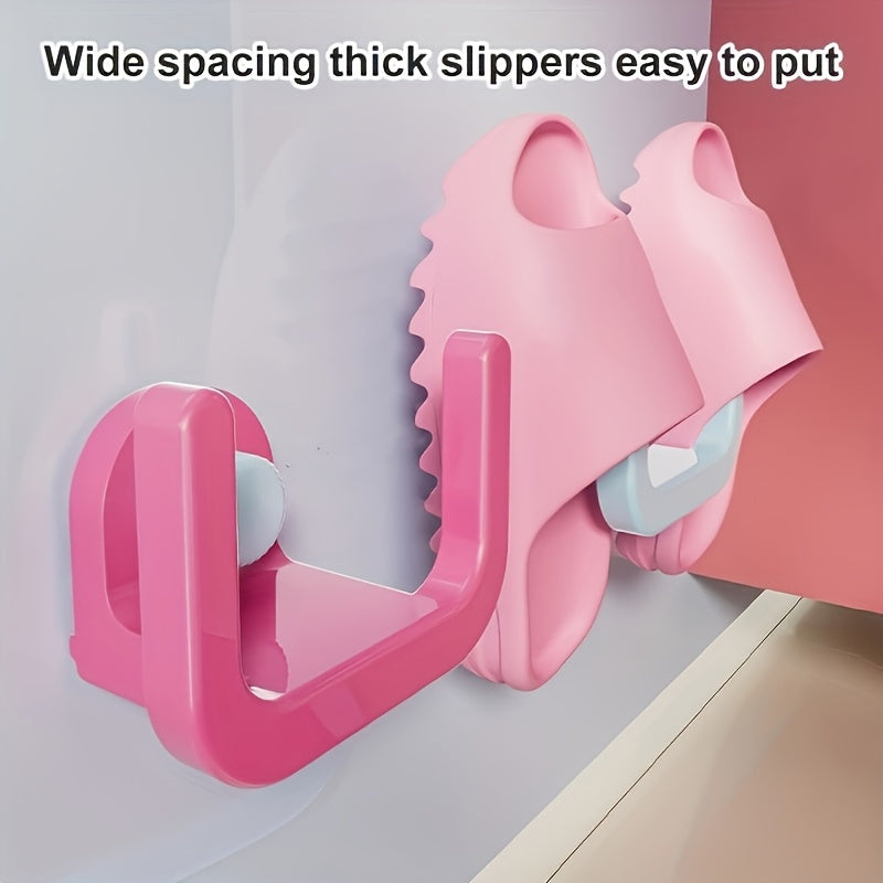 Bathroom slipper rack in dopamine style, features two pieces with suction cup hooks for easy installation. Versatile design also functions as a shoe storage rack, toilet shelf, and wall hanger bracket without the need for punching holes.