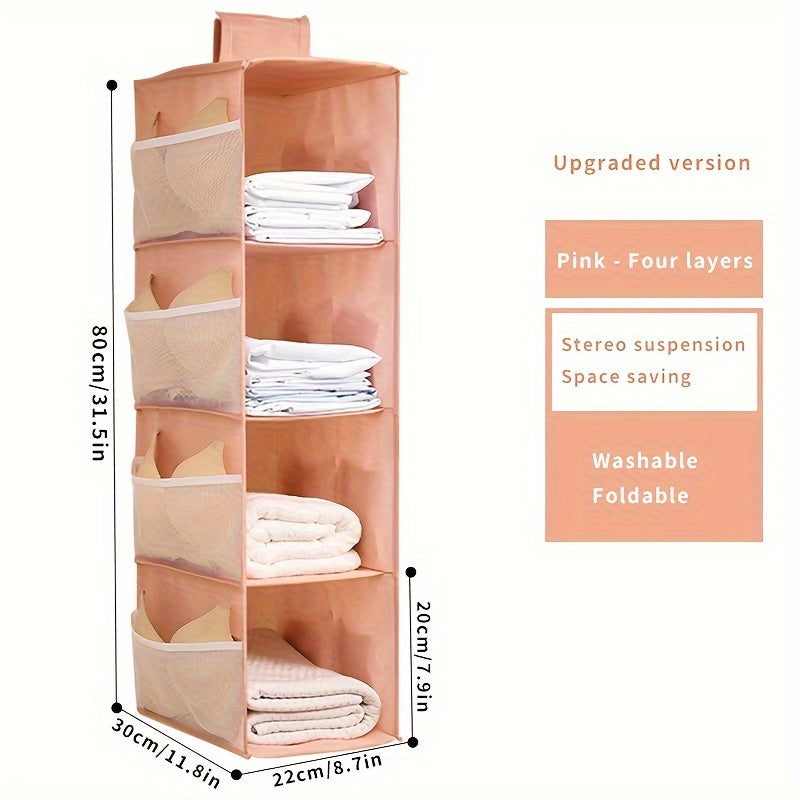 Keep your items organized and easily accessible with this Wardrobe Storage Hanging Bag. It is foldable, washable, and features four layers of storage space for bags, clothes, socks, and more. Save space and maintain neatness in your wardrobe with this