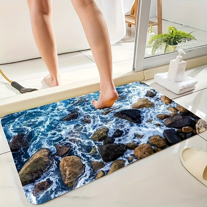 Absorbent Seaside Stone Floor Mat with Sun Beach Design, Non-Slip and Washable, Ideal for Entrance, Living Room, Kitchen, Bathroom - 1Cm Thickness