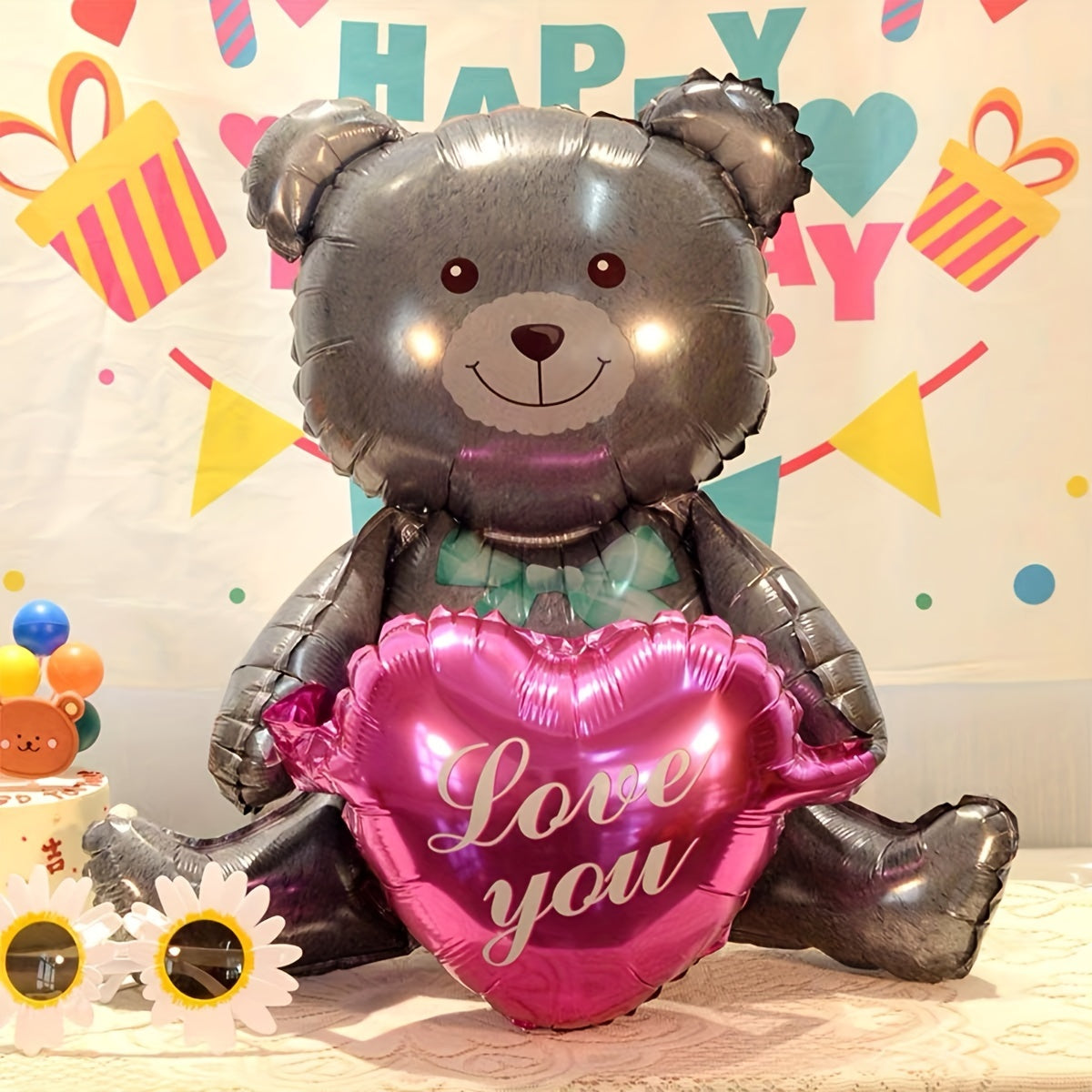 27-inch Valentine's Day teddy bear and heart balloon made of mixed color aluminum film, suitable for various events and ages 14+