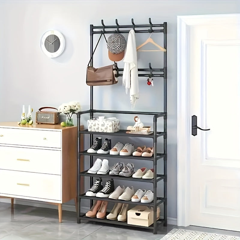 Durable hanger and shoe storage with 8 hooks and shelves, ideal for organizing coats and shoes in home entrances, foyers, bedrooms, and bathrooms. No assembly required.