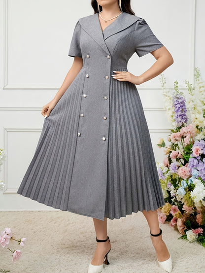 Elegant pleated midi dress made of 95% polyester and 5% spandex blend with short sleeves, contrast lapel collar, loose fit, solid color, non-stretch fabric. Perfect for spring/summer casual