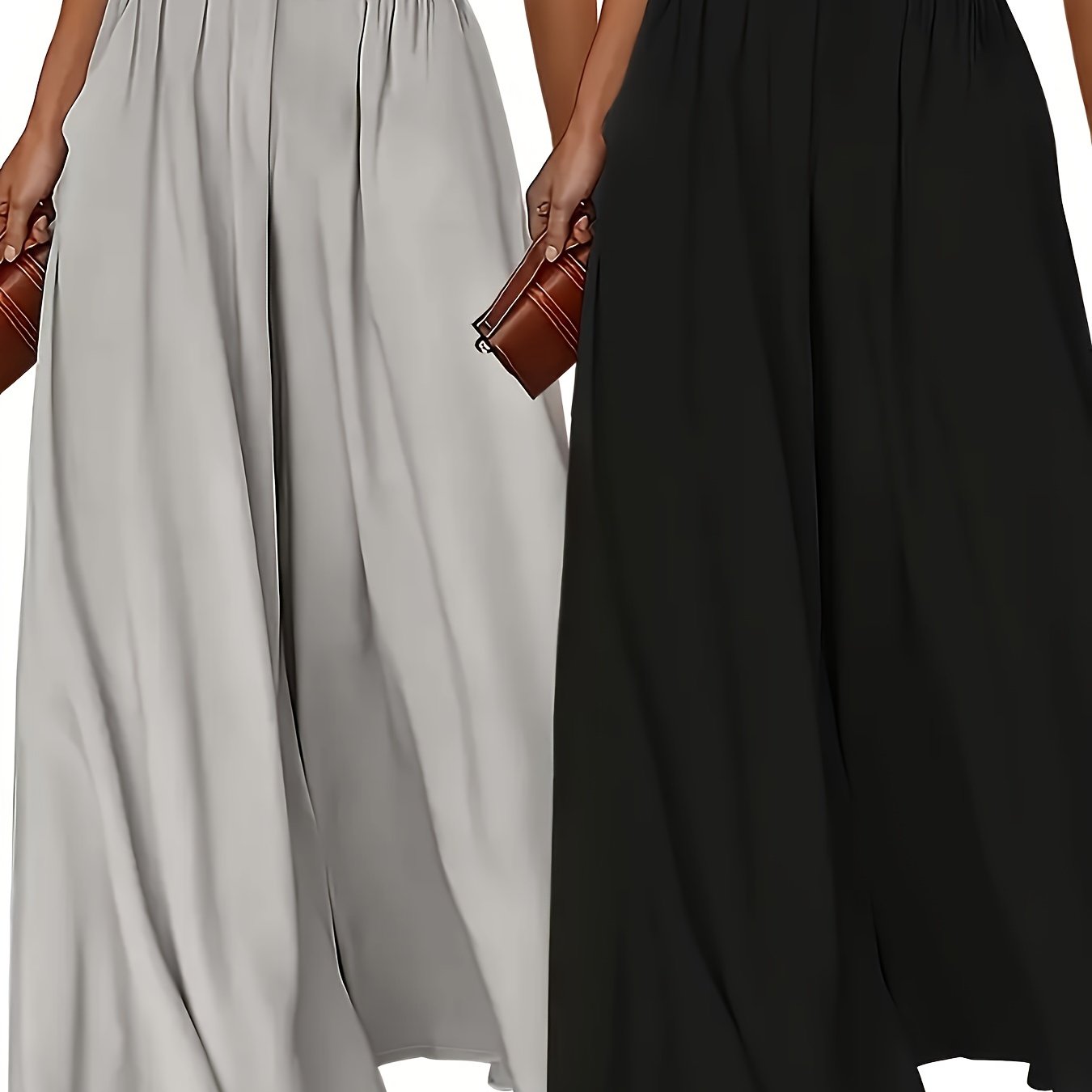 Set of 2 women's high waist wide leg pants in solid color polyester with pockets, ideal for all-season wear.