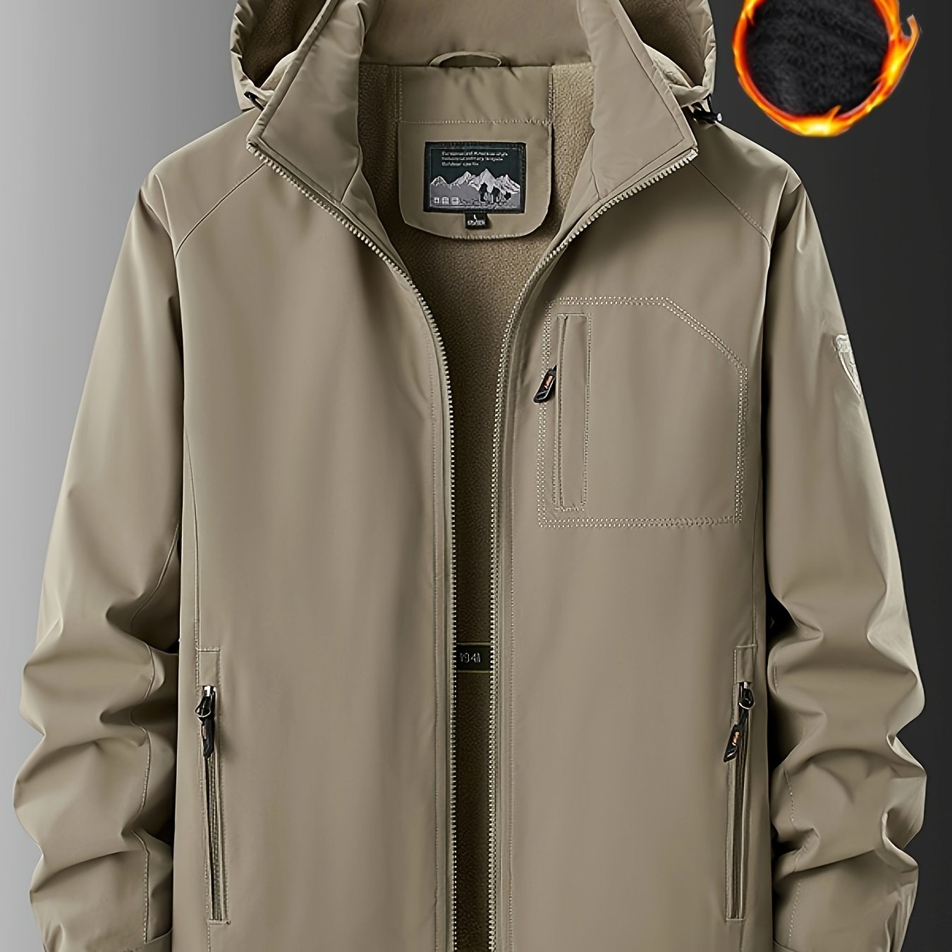 Men's winter jacket made of 100% polyester. Features waterproof and windproof qualities, detachable hood, multi-pocket design with zippered pockets, warm fleece lining, and solid color.