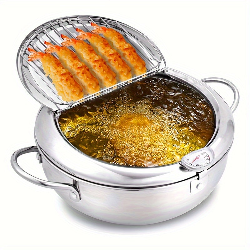 Top Pick: Stainless Steel Deep Fryer Pan with Thermometer - 7.9" Japanese Tempura Cooking Pot for French Fries, Shrimp & Chicken Wings - Compatible with Induction Cooktops, 20cm, Includes Oil Rack and Fish Basket