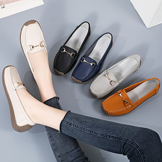 Women's metal decor slip on loafers for casual walking with non-slip flat soles.