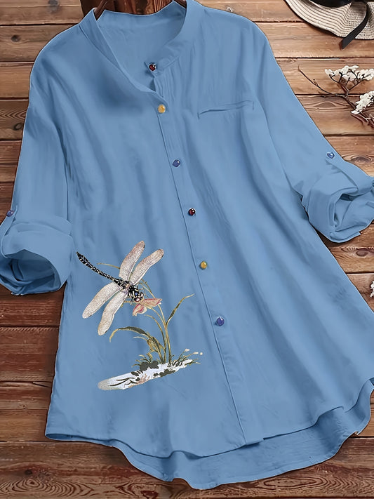 Dragonfly print blouse with button front and long sleeves for plus size women.