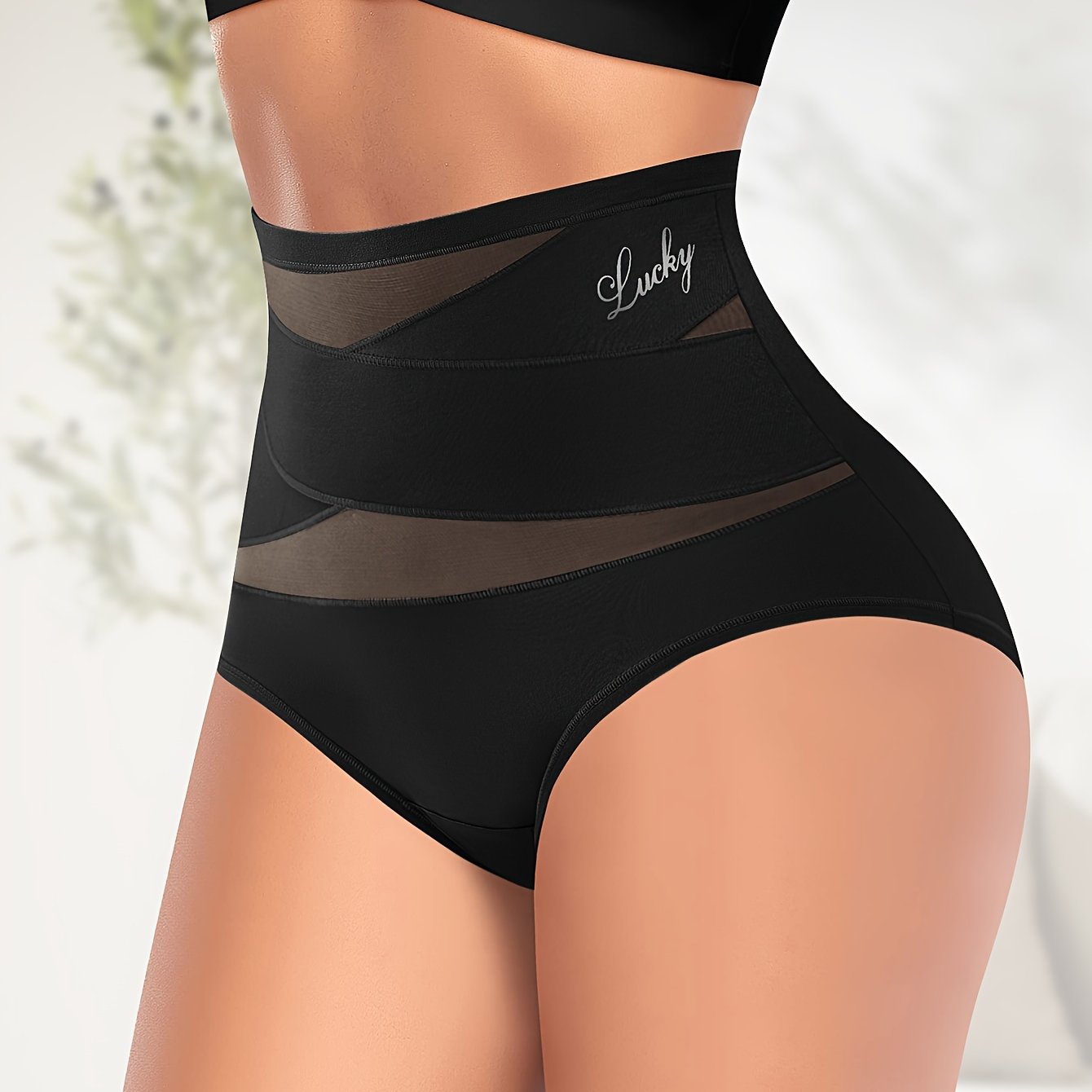 Breathable mesh high-waisted underwear with body sculpting design.