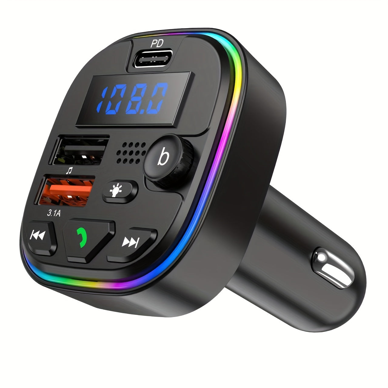 Car charger with FM transmitter and PD 30W, Type C & dual USB ports for fast charging, wireless MP3 player, hands-free calls, AUX, high fidelity audio, and car plug operating voltage ≤36V.