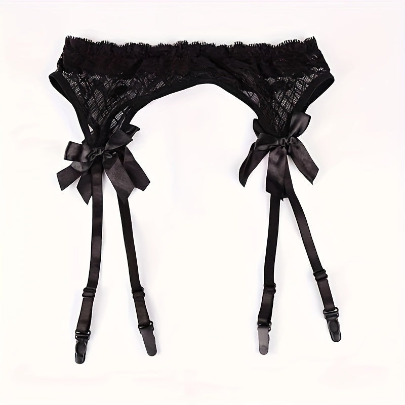 Stylish lace garter belts with clips and mesh suspenders for thigh-high stockings, featuring cute bow detail in solid colors.