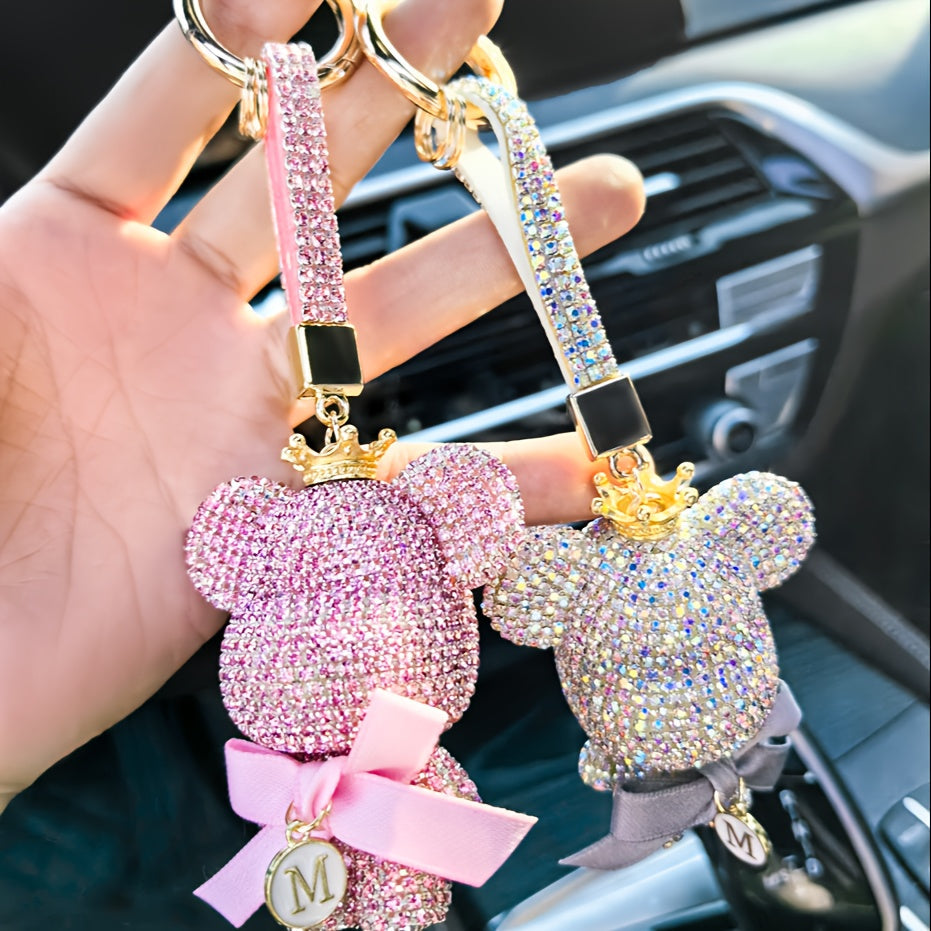 Rhinestone Bear Keychain - Adorable Cartoon Animal Keychain with Metal Ring for Bags, Backpacks, Cars, or Keys - Perfect Gift for Women and Girls