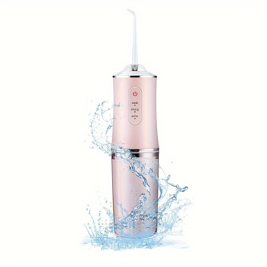 Portable rechargeable water flosser with 3 modes and 4 nozzle functions for dental hygiene on-the-go.