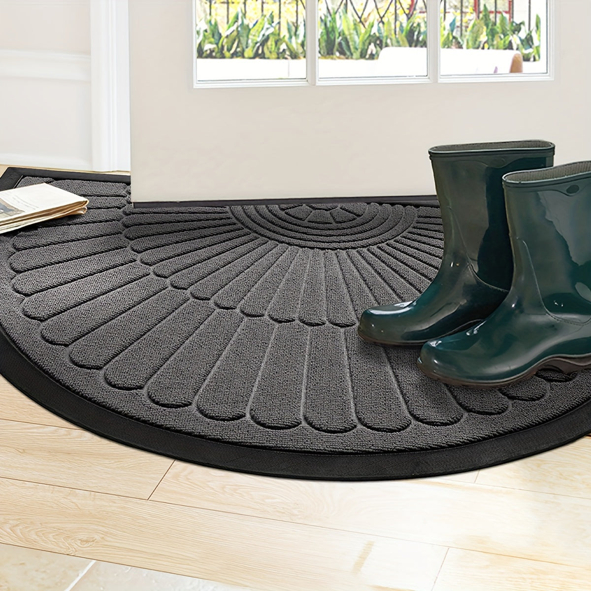 Half circle doormat made of polyester material. Can be used indoors or outdoors. Hand wash only. Ideal for entryway, balcony, patio, garage, and office. Dust-proof and anti-slip.