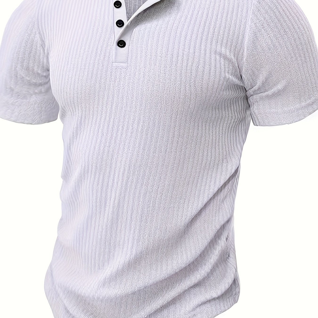 Solid stripe pattern knit short sleeve Henley shirt for men, perfect for summer leisure and outdoor activities.