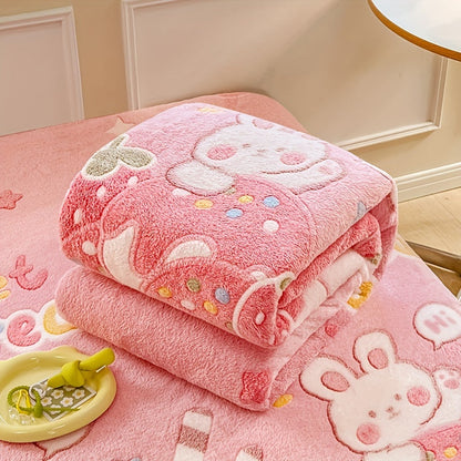 Ultra-Soft Pink Strawberry & Bear Pattern Blanket - Perfect for Sofa, Bed, & Naps - Cozy All-Season Throw - Machine Washable 100% Polyester - Whimsical Home Decor - Charming Aesthetic - Comfortable Blanket for Bed and Naps