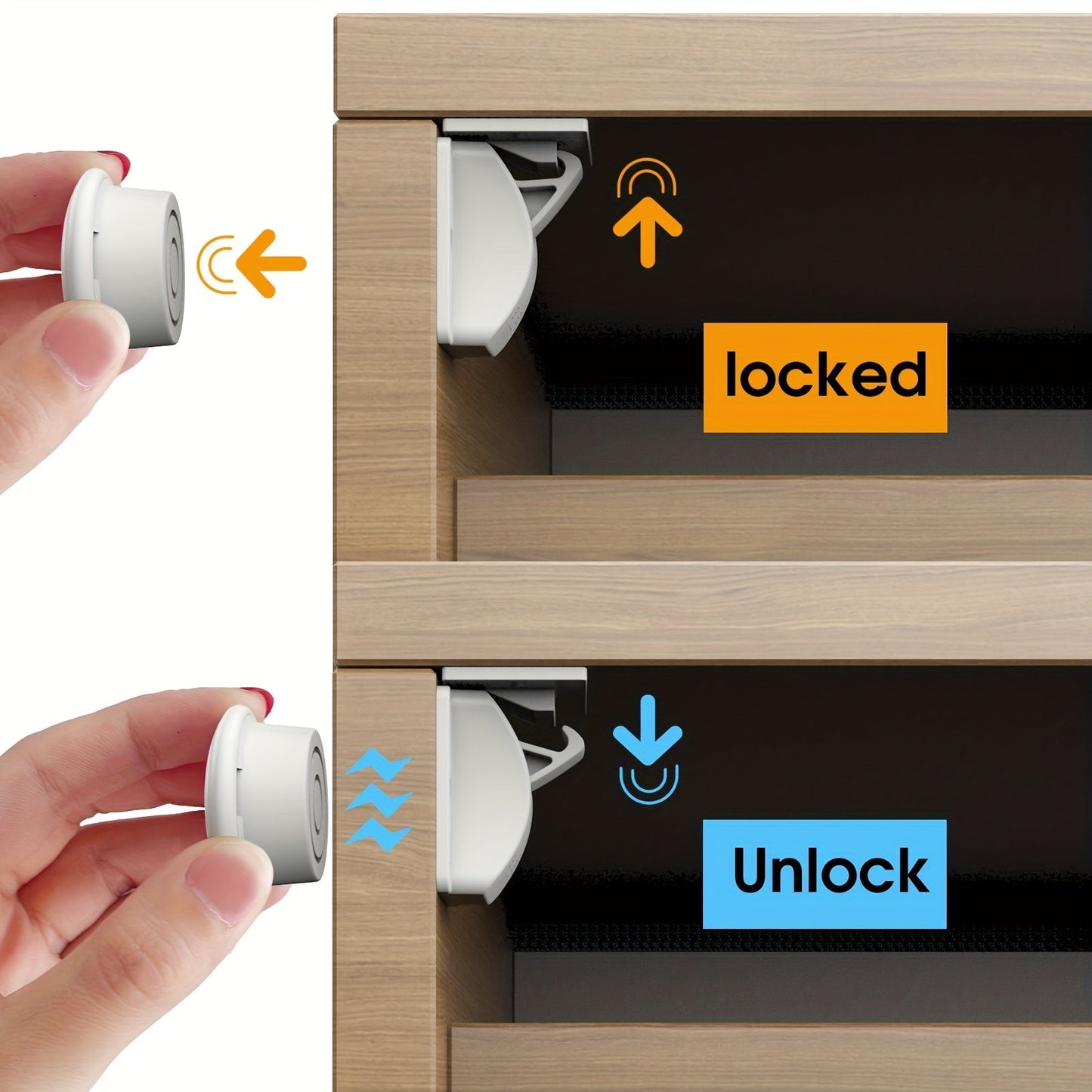 Set of 4 Babyproof Magnetic Cabinet Locks, Secure Cupboard and Drawer Latches for Children, Easy Adhesive Installation - Includes 1 Key Holder and Transparent Sticker for Unlock Position, Child Safety Strap Locks for Cabinets and Drawers.