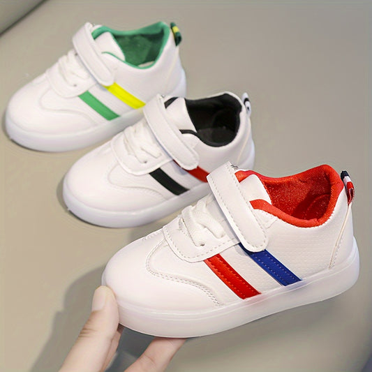 2024 Youngsters' LED Light-Up Sneakers feature a colorful flashing striped design, comfy non-slip rubber sole, and easy hook-and-loop closure. Ideal for casual wear in spring and fall