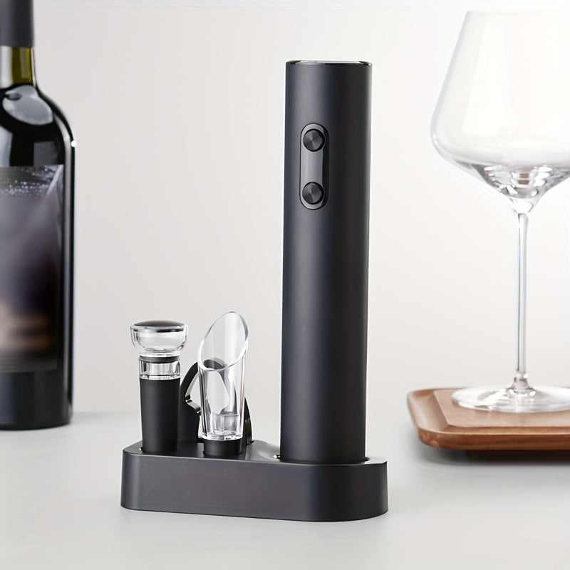 Electric wine opener set with pourer, foil cutter, and vacuum stopper. Battery operated (AA batteries not included). Ideal gift for wine lovers.