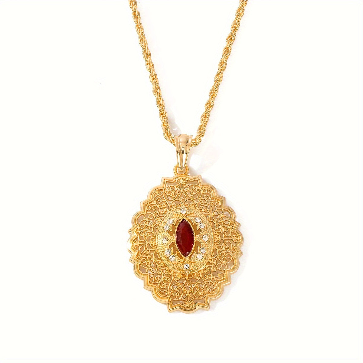 Antique Tribal-Inspired Pendant Necklace featuring a Synthetic August Birthstone, Resin Inlaid with 24K Gold Plating, Intricate Floral Hollow Design, Moroccan Bridal Jewelry with Twisted Chain for Everyday Wear and Special Occasions - Perfect Gift for