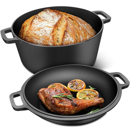 ITECHJOY Cast Iron Cookware Set includes two pieces of versatile 2-in-1 oven pots with lids, suitable for baking, cooking, and camping.