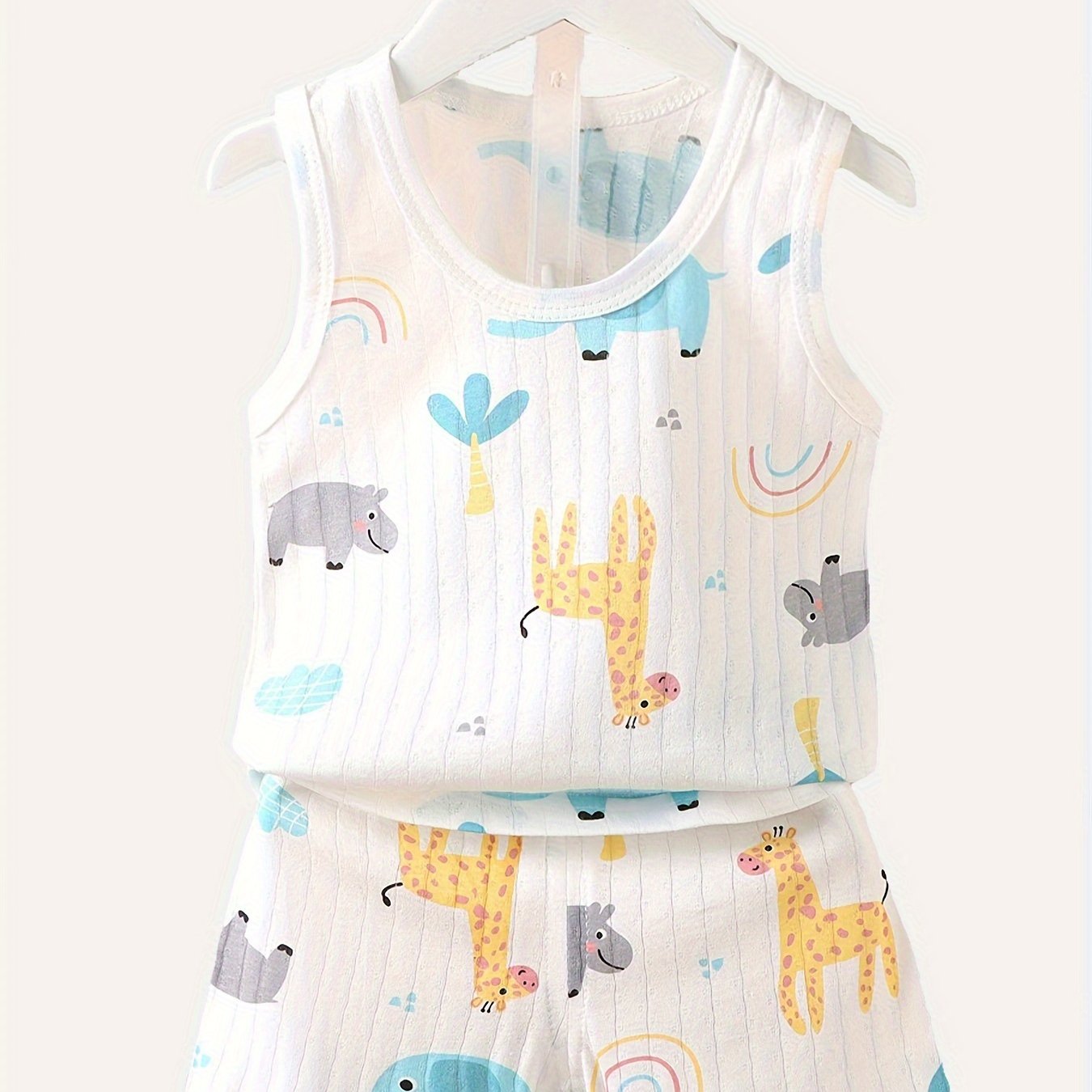 Kids' Cartoon Bear Print Cotton Underwear Set, Cute Style, Crew Neck Sleeveless Top and Shorts, Boys Summer Outfit