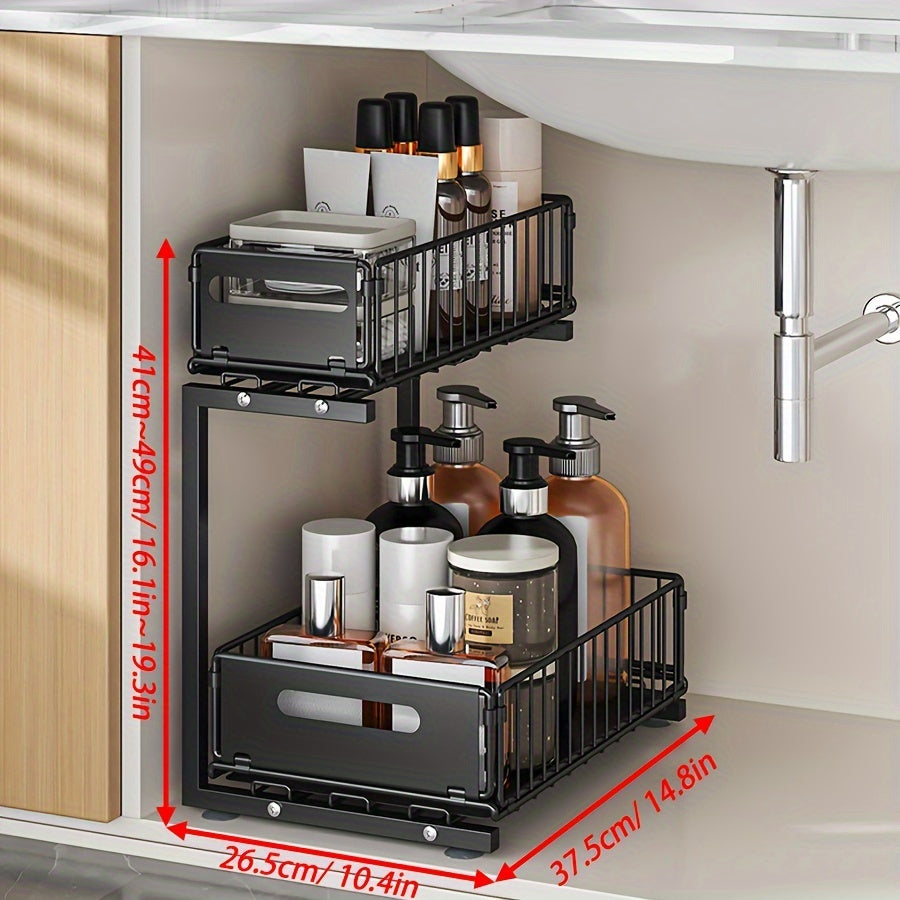 Black 2-tier metal under sink organizer for kitchen/bathroom, pull-out cabinet storage, slide out shelf - 1 piece.