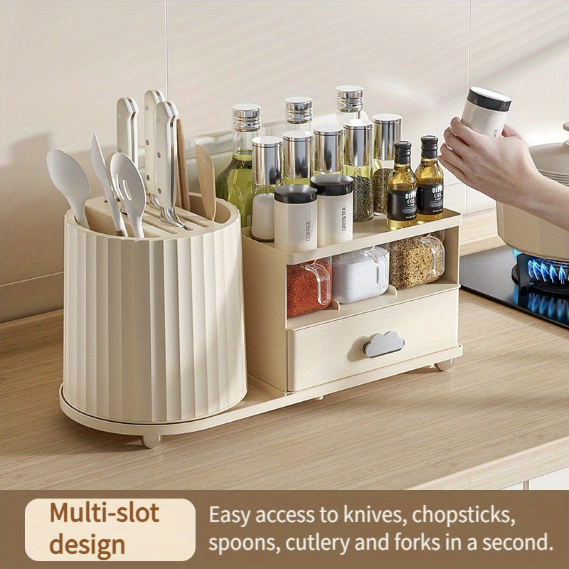 One Multi-functional Combination Knife Rack for Household Storage, featuring a Rotating Design for Organizing Knives, Spoons, Forks, and Seasoning in the Kitchen.