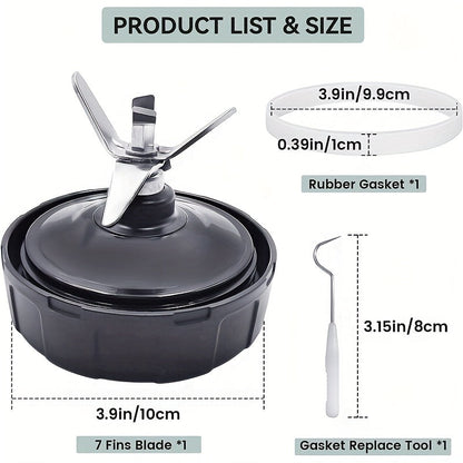 7-Fin Extractor Blade Assembly made of Stainless Steel, includes Rubber Gasket, compatible with Nutri Ninja Blenders Auto iQ BL480 BL482 BL642 BL682 NN102. This Juicer Part and Accessory is Food Contact Safe.