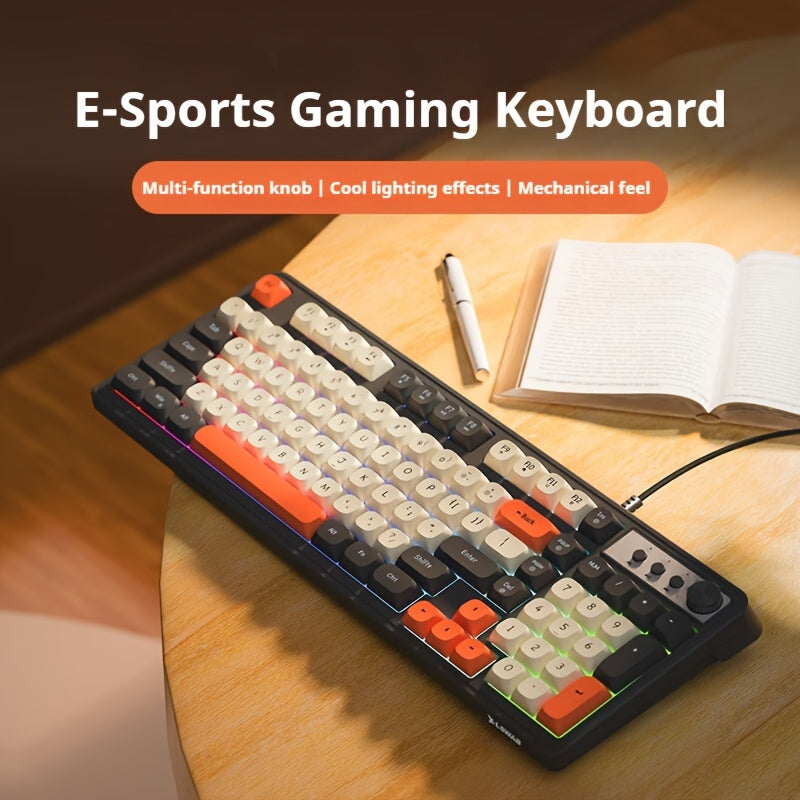 EWEADN Gaming Keyboard with rainbow backlighting and ergonomic design for gamers and office use. Features multimedia knob, ball keycaps, and compatibility with Windows and laptops.