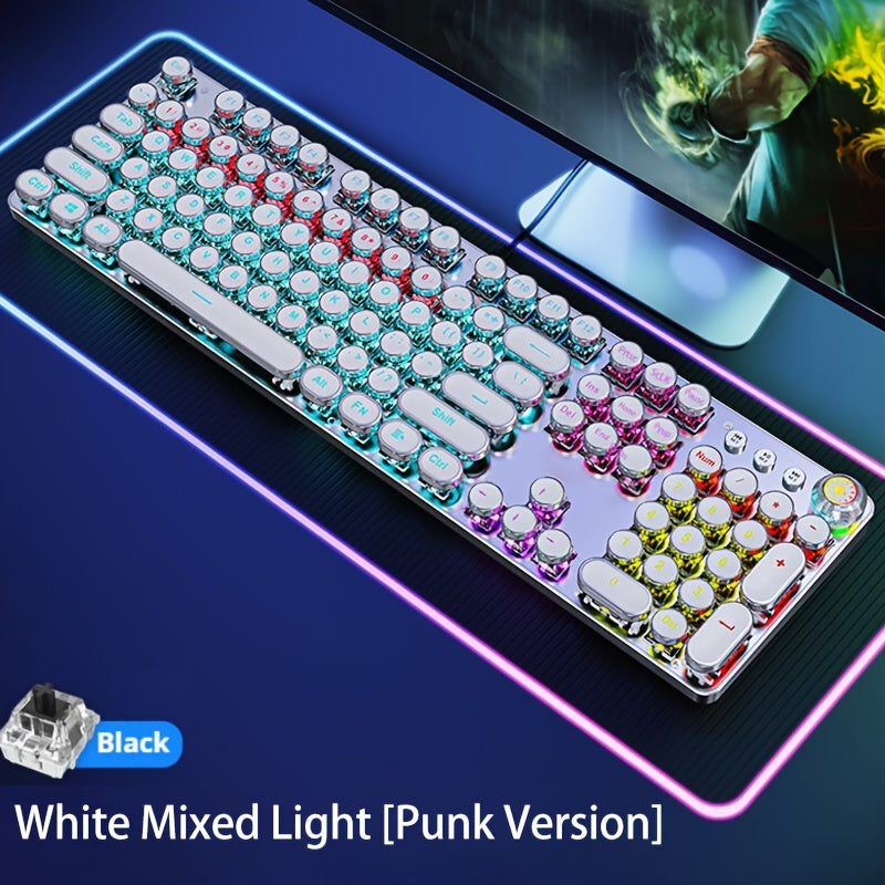 EWEADN Steampunk Mechanical Gaming Keyboard - Full Size with 104 Keys, Metal Panel, LED Backlit, USB Wired, Multimedia Knob, Black Switches, Ideal for Gamers and Office Use.