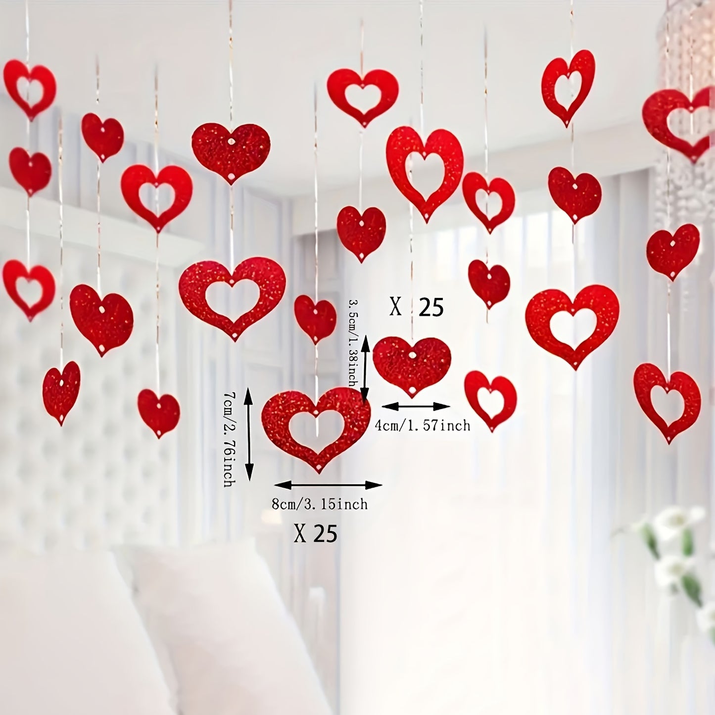 50 Valentine's Day hanging heart decorations in red with silk strings for DIY hanging. Suitable for various decorations and arrangements, silk strings need to be threaded for hanging.