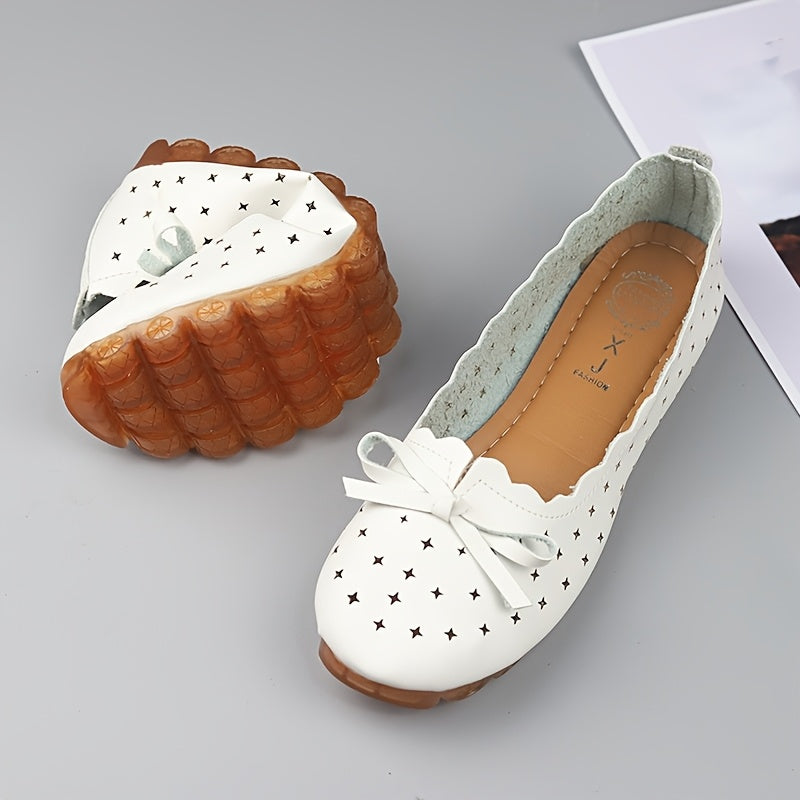 Stylish Womens Bowknot Flat Shoes with Breathable Hollow Out Design for Comfortable All-Day Wear.