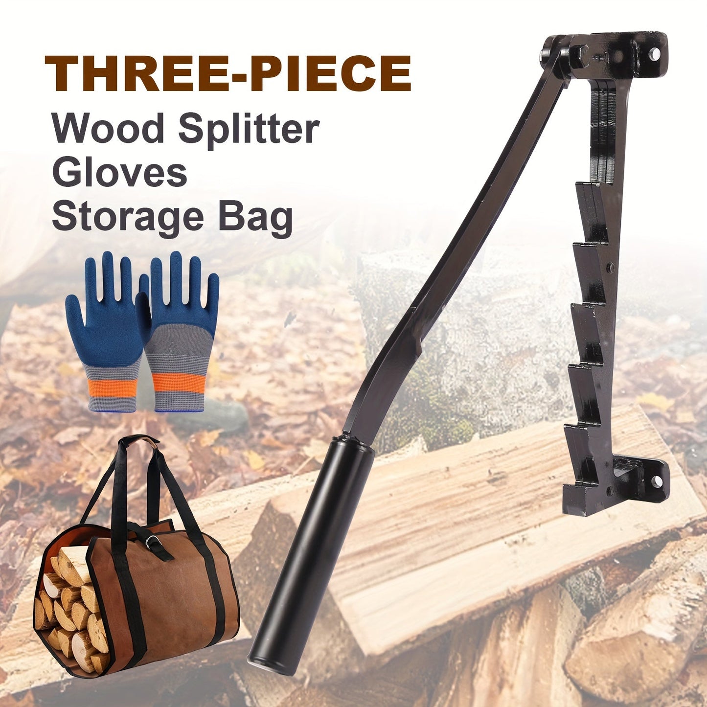 Firewood Splitter Kit: Mounts on Wall with Gloves and Storage Bag Included - Made of Strong Cast Iron, Ideal for Camping and Yard Work