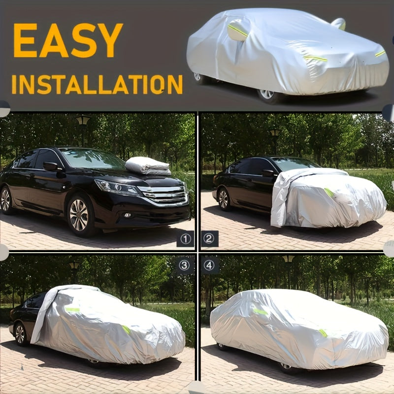 Car cover with UV and dust protection, suitable for cars, pickups, SUVs, and hatchbacks. Features reflective strip for added protection. Suitable for outdoor use.