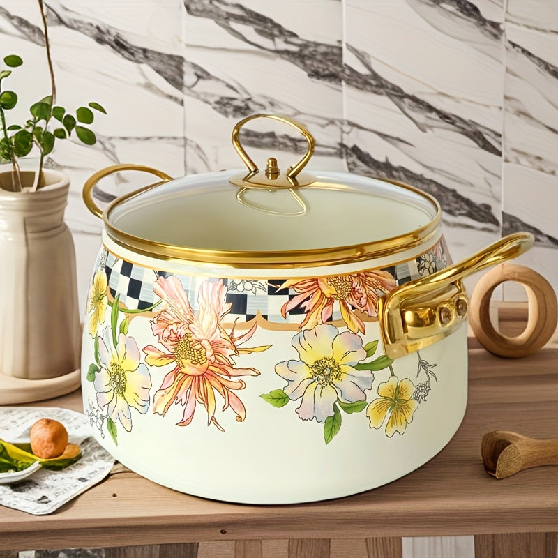 French Daisy Stockpot with Lid, featuring Enamel Coating and Induction Compatibility, adorned with a Beautiful Floral Design - No Electricity Required, making it Ideal for Cozy Fall Evenings.