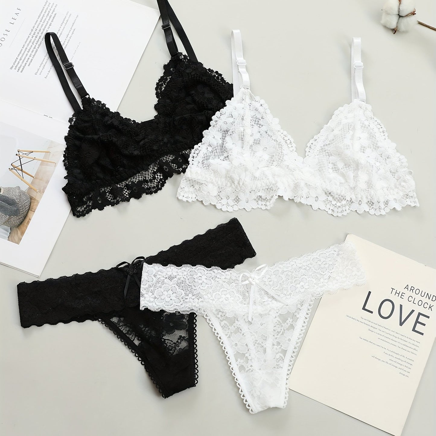 2-Piece Sexy Lace Lingerie Set in Black & White, Comfortable Seamless Design with Bralette and Panty