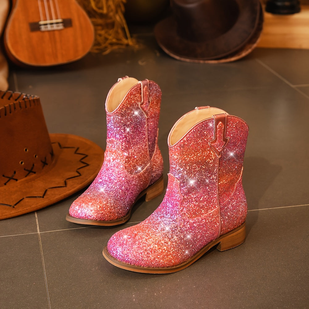 Glittery western-style denim boots for girls with square toes.